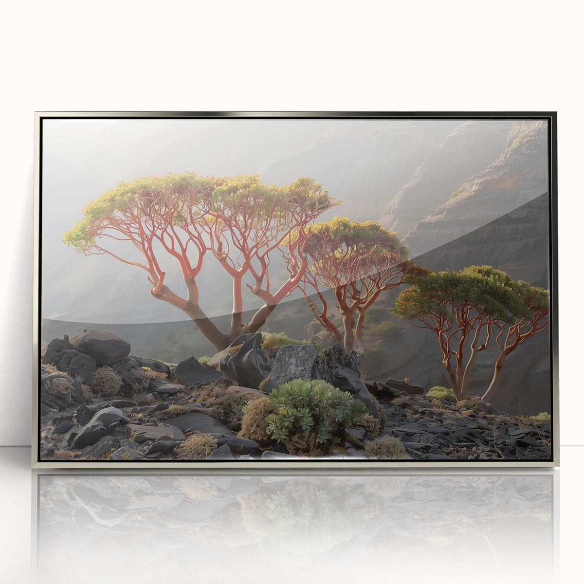 Mid-century modernist acrylic print of a Middle Eastern landscape in muted earth tones, ideal for modern art wall decor.