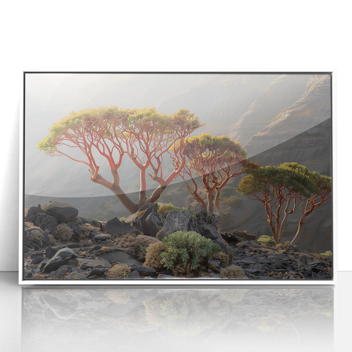 Acrylic print of a Middle Eastern landscape in muted earth tones, framed in white, suitable for modern art wall decor.