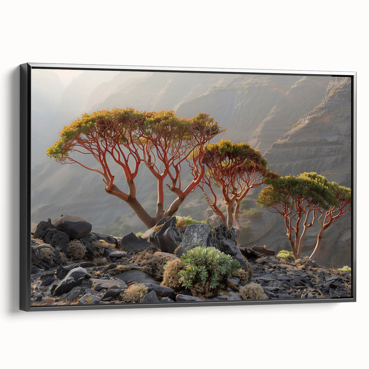 Black and white framed canvas featuring a vintage-style Middle Eastern landscape, ideal for bedroom wall decor.