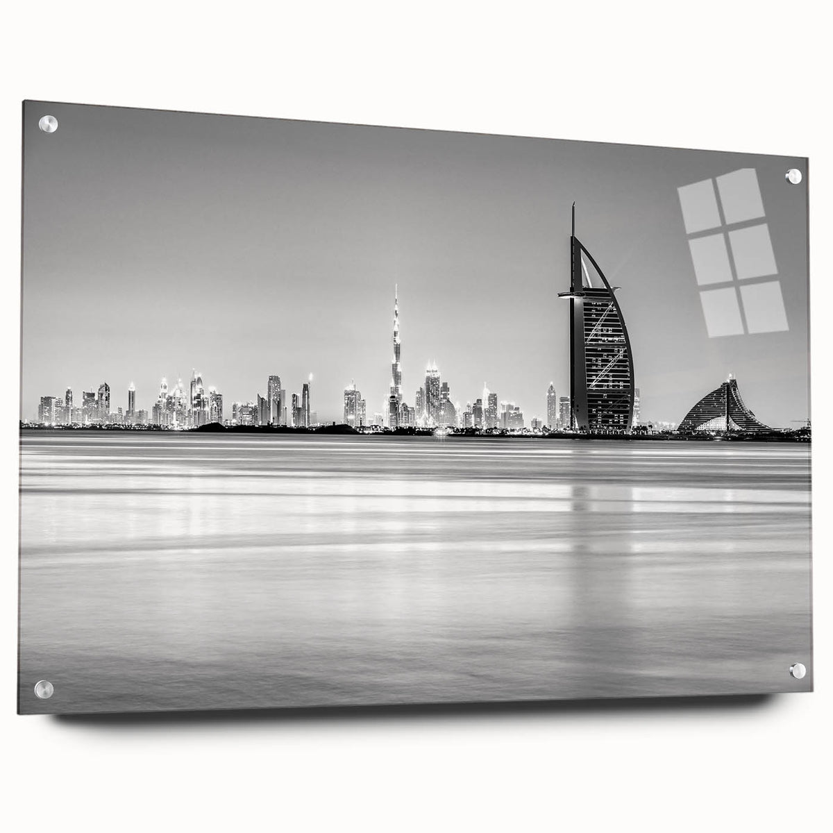 Side view of Burj Al Arab depicted in large abstract acrylic glass wall art with vibrant blue and white tones.