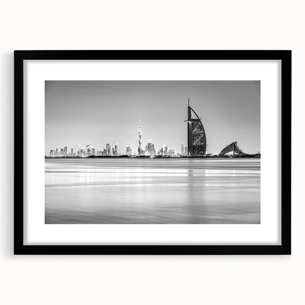 Extra large, textured abstract art print of a colorful, stylized Emirates Burj Al Arab scene on a black framed canvas.