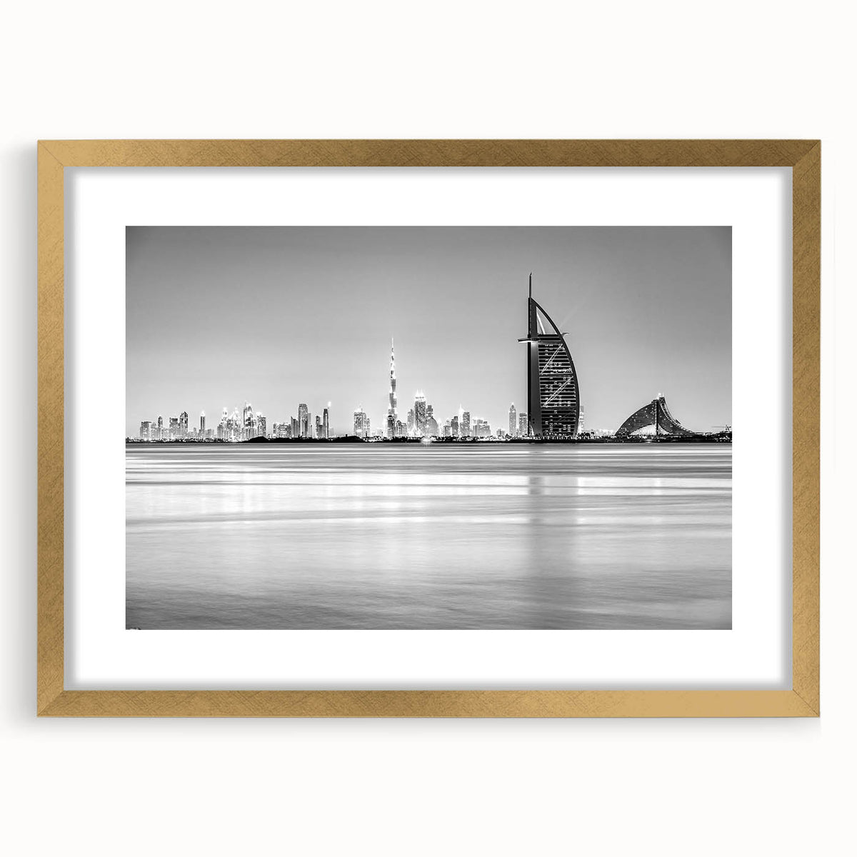 Extra large wall art featuring an abstract depiction of the Burj Al Arab in textured shades of gold and cream.