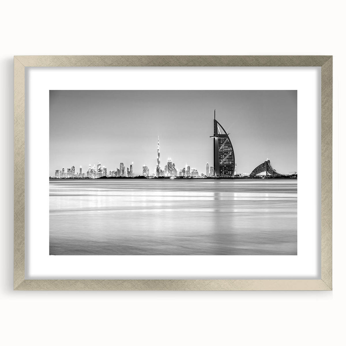 Abstract textured art print of Burj Al Arab in muted blue tones on a framed canvas, suitable for bedroom art.