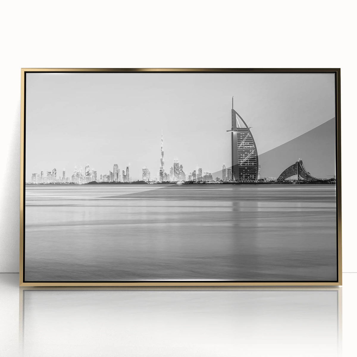 Acrylic print of the Burj Al Arab in gold tones, in mid-century modernist style, suitable for modern art wall decor.