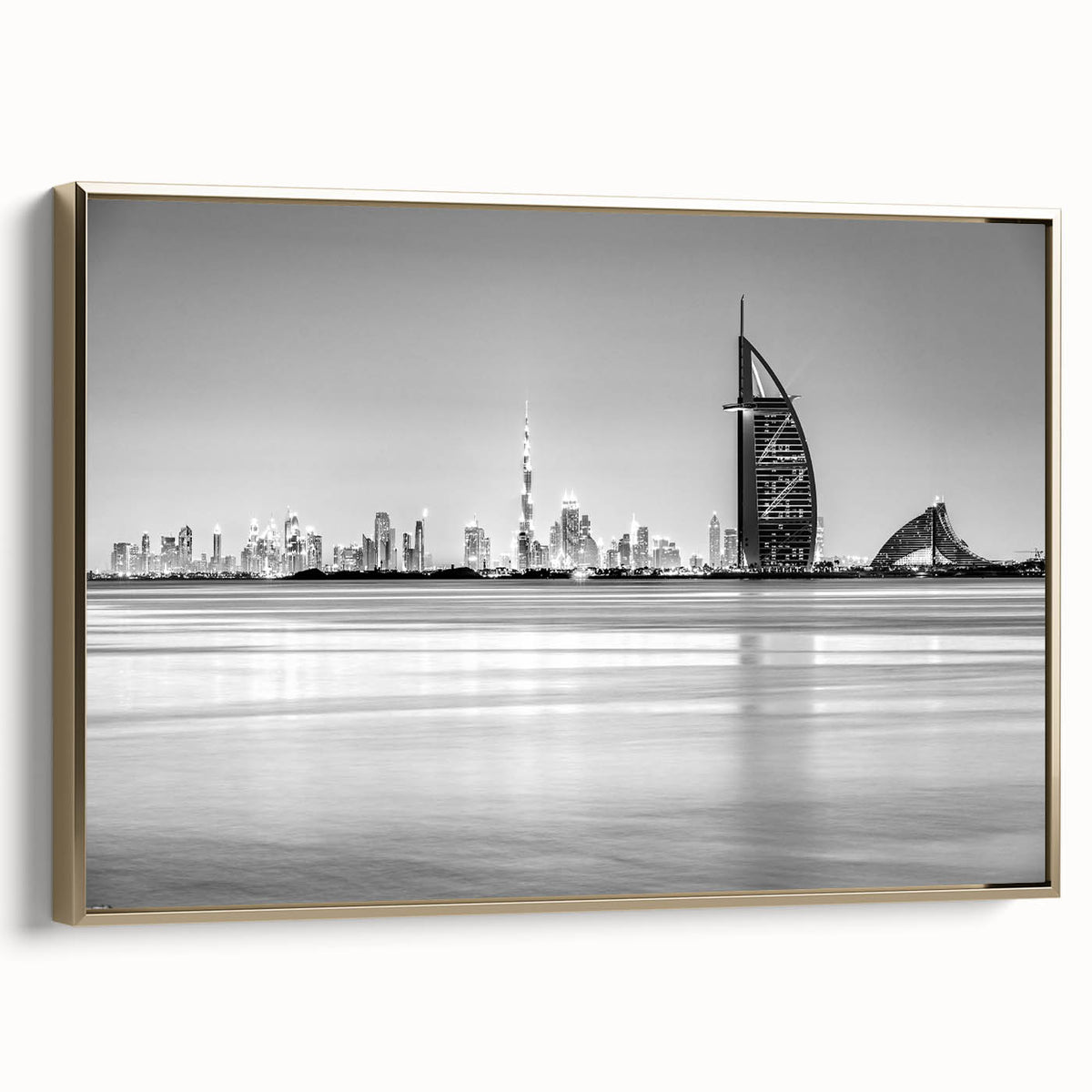 Framed canvas of the Burj Al Arab in muted gold and black tones, ideal for bedroom wall art.