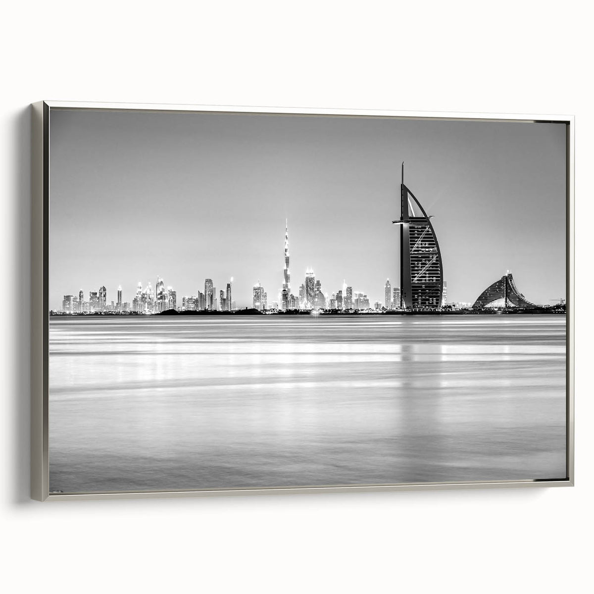 Framed canvas landscape art painting depicting the Burj Al Arab in muted black and silver tones.