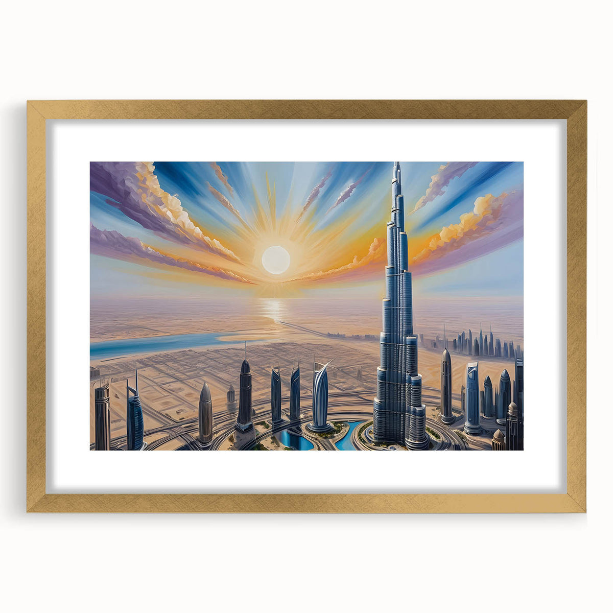 Extra large abstract art print of Burj Khalifa in textured gold frame, ideal for living room decor.
