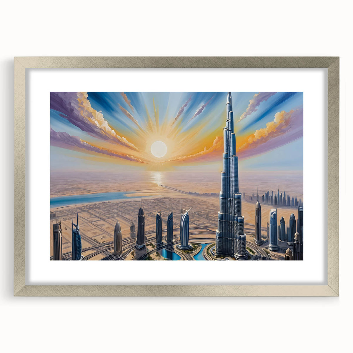 Textured art print of Burj Khalifa in muted grays, ideal for modern bedroom decor, framed with a silver mat.