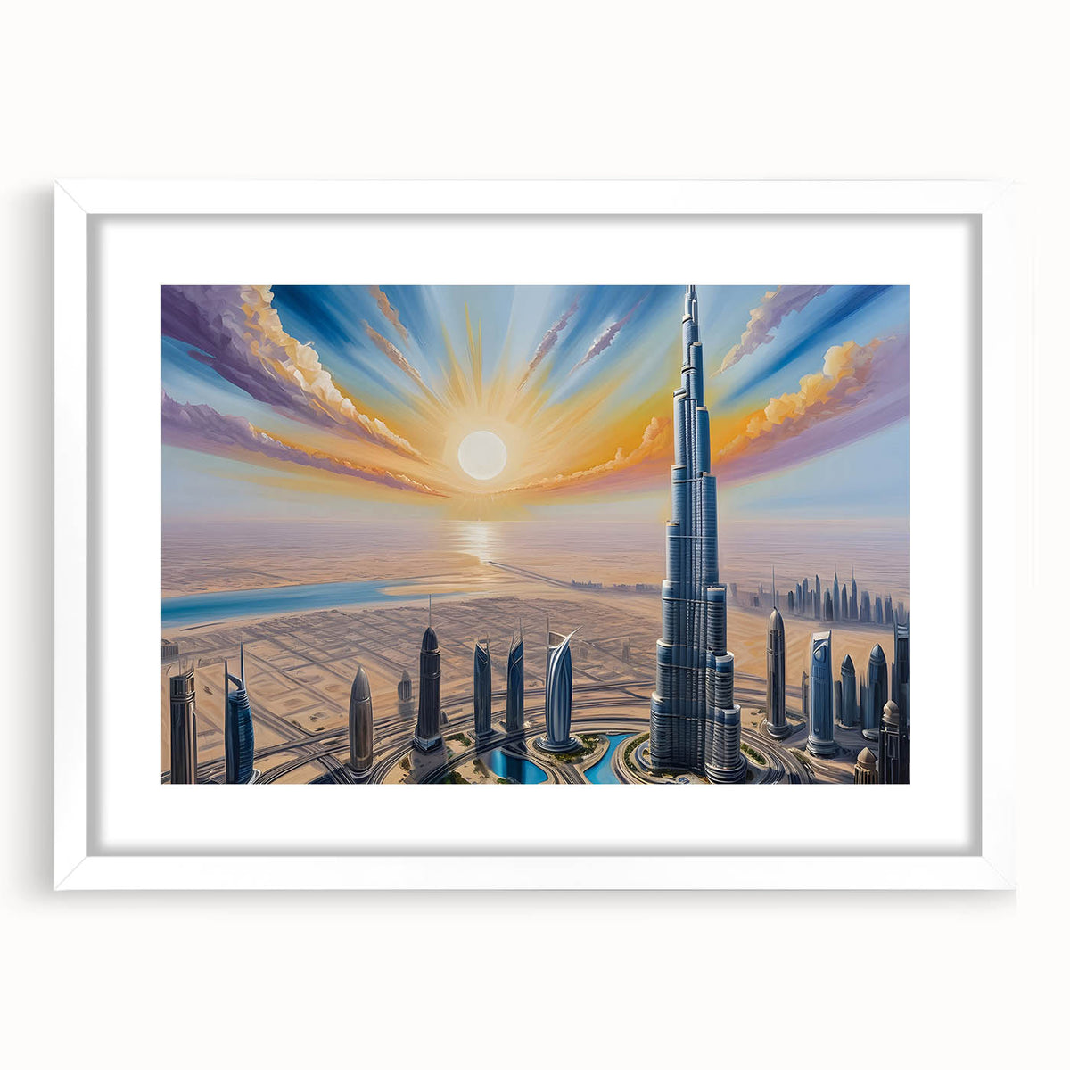 Abstract art print of Burj Khalifa in muted gray and blue tones on a white framed poster, suitable for dining room decor.