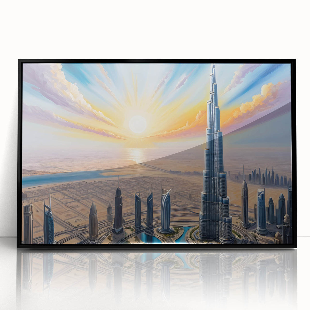 Large abstract wall art of the Burj Khalifa in muted black and gray tones, framed in acrylic.
