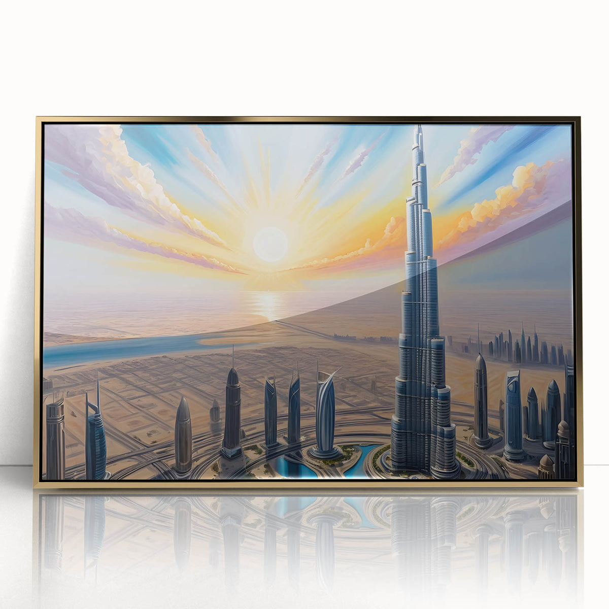 Large art print of Burj Khalifa with gold accents on framed acrylic, in mid-century modernist style.
