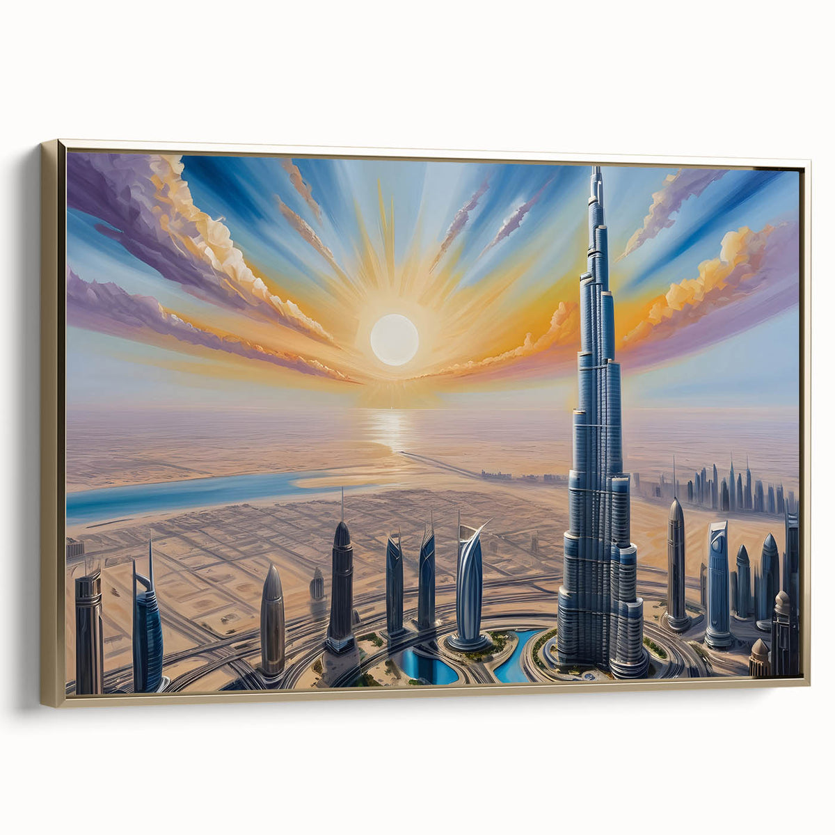 Framed canvas wall art depicting the Burj Khalifa with gold accents, ideal for bedroom decor.