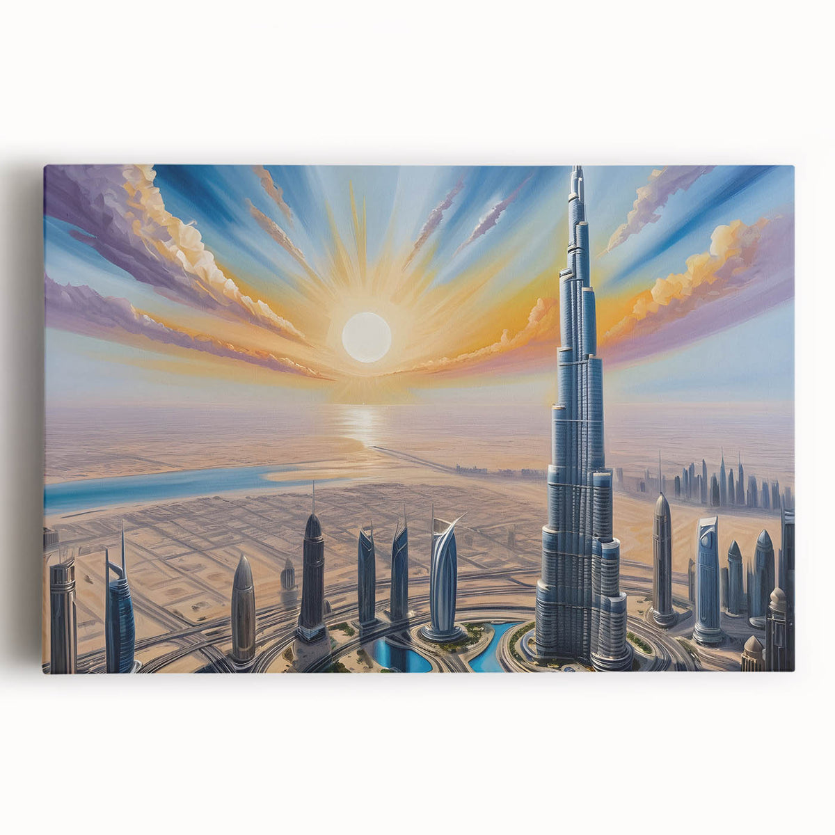 Black and white stretched canvas of the Burj Khalifa, ideal for kitchen wall art.