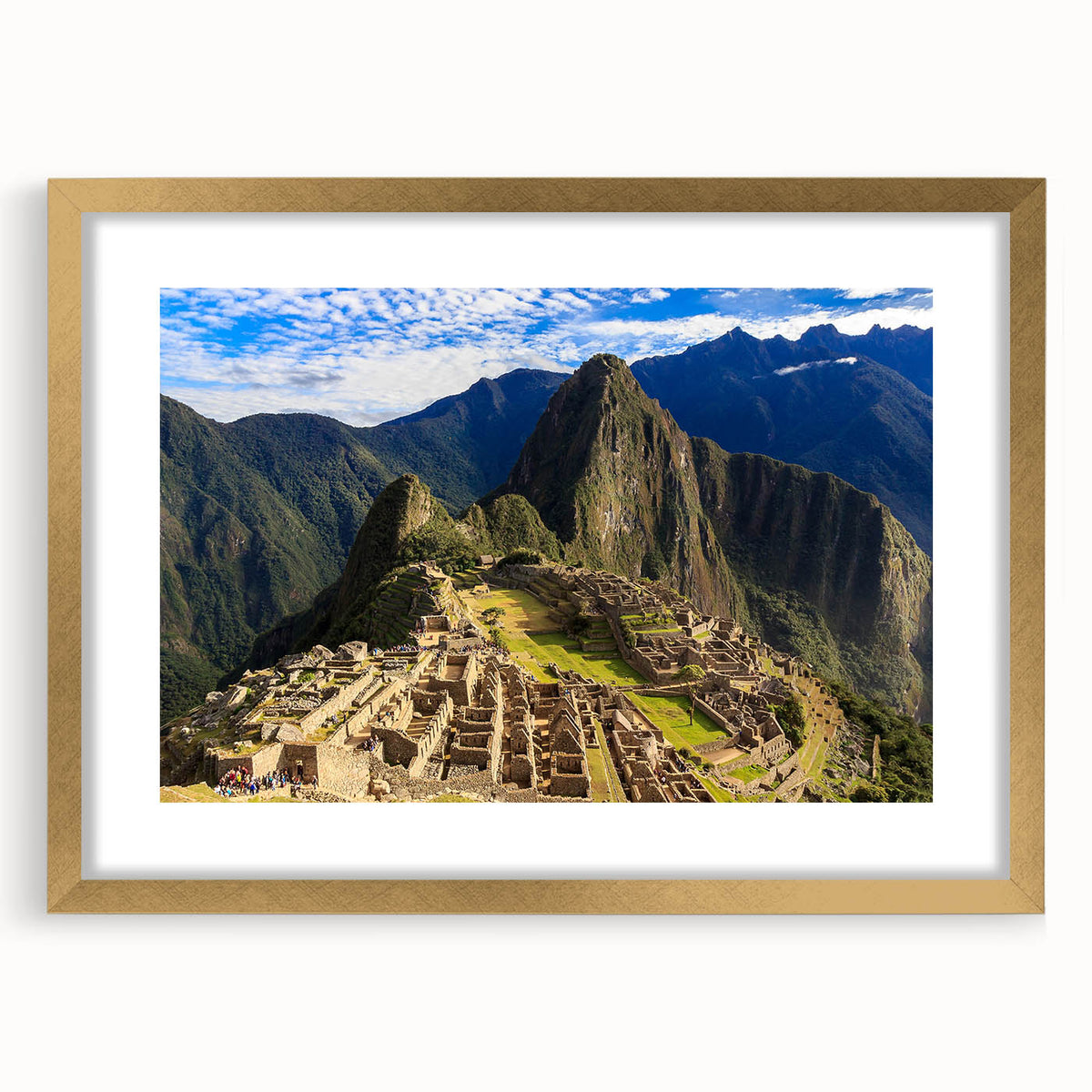 Extra large wall art of Machu Picchu in abstract style with textured gold frame, ideal for living room decor.