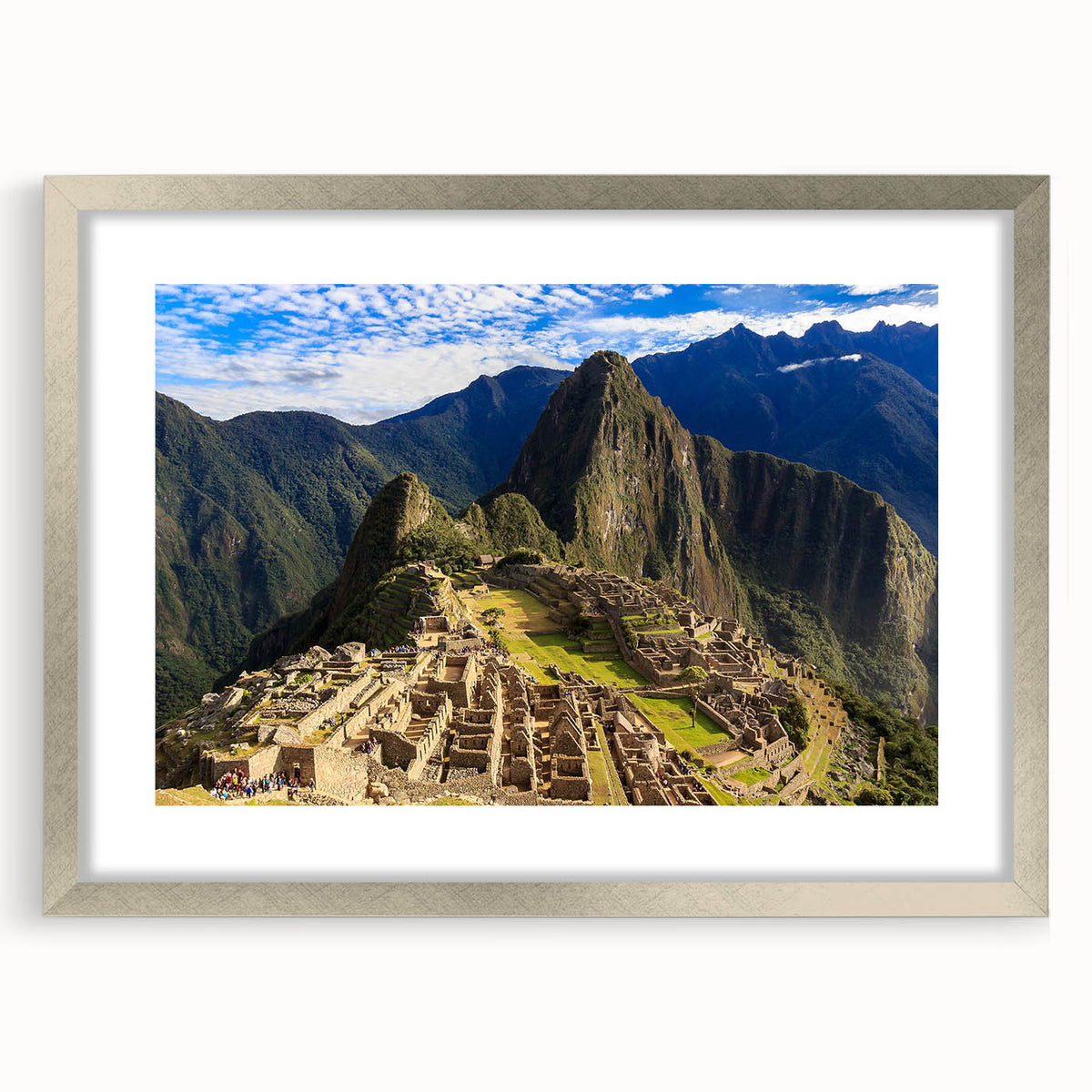 Textured art print of Machu Picchu in muted earth tones on a framed canvas, ideal for bedroom decor.