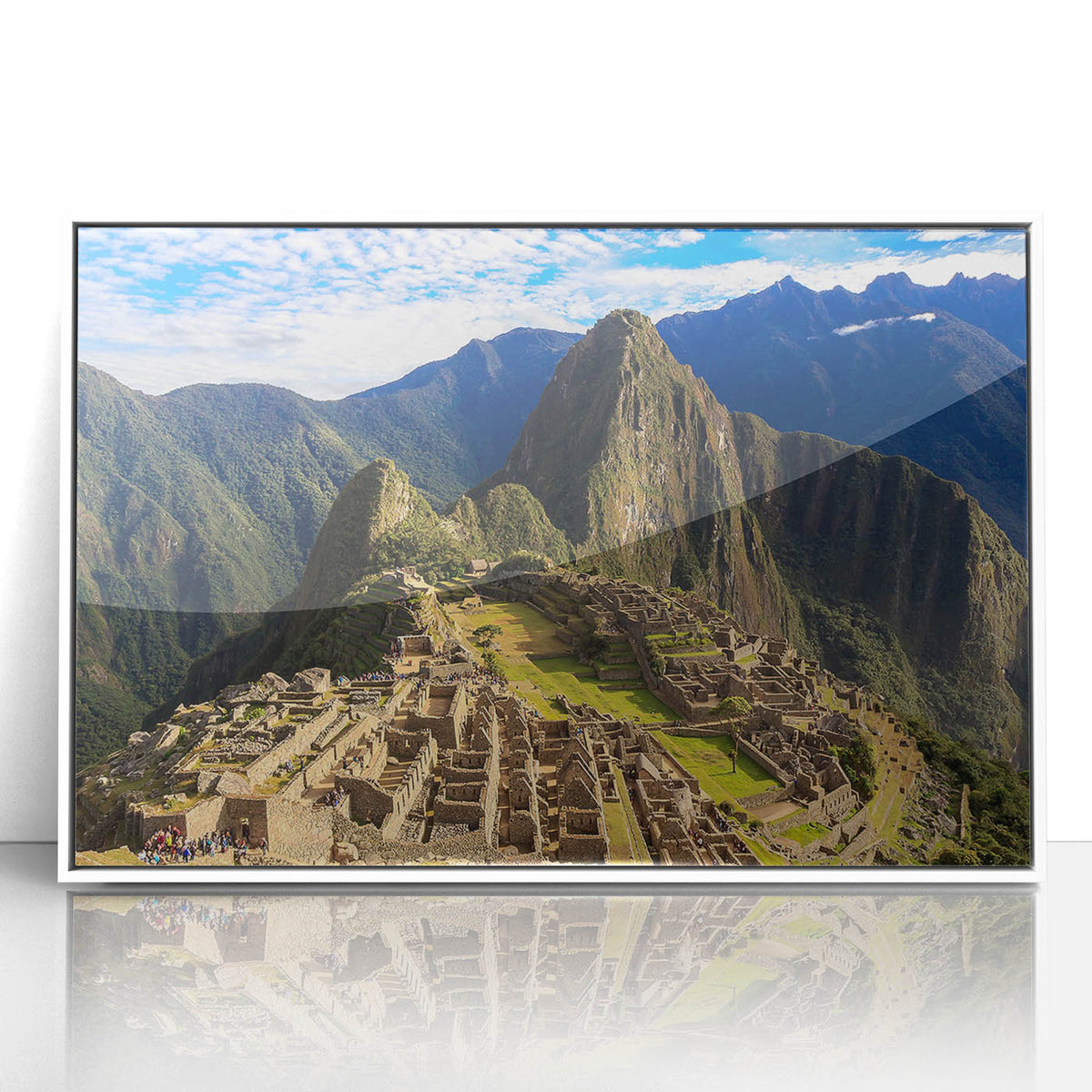 Acrylic print of Machu Picchu in muted green and brown tones, framed in white, suitable for modern art wall decor.
