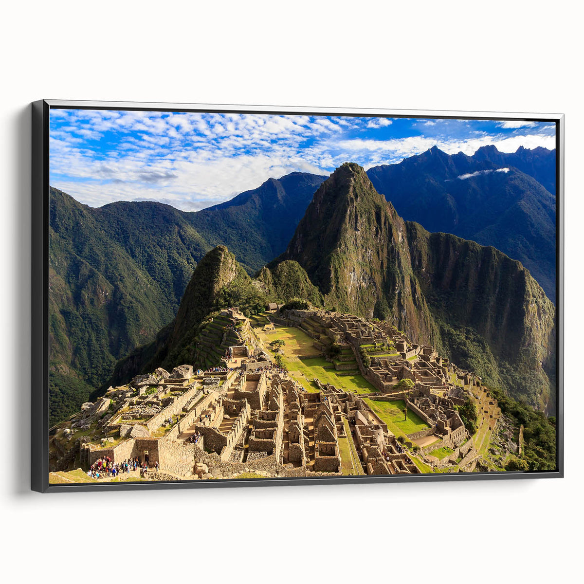 Black and white framed canvas of Machu Picchu landscape, ideal for bedroom decor.