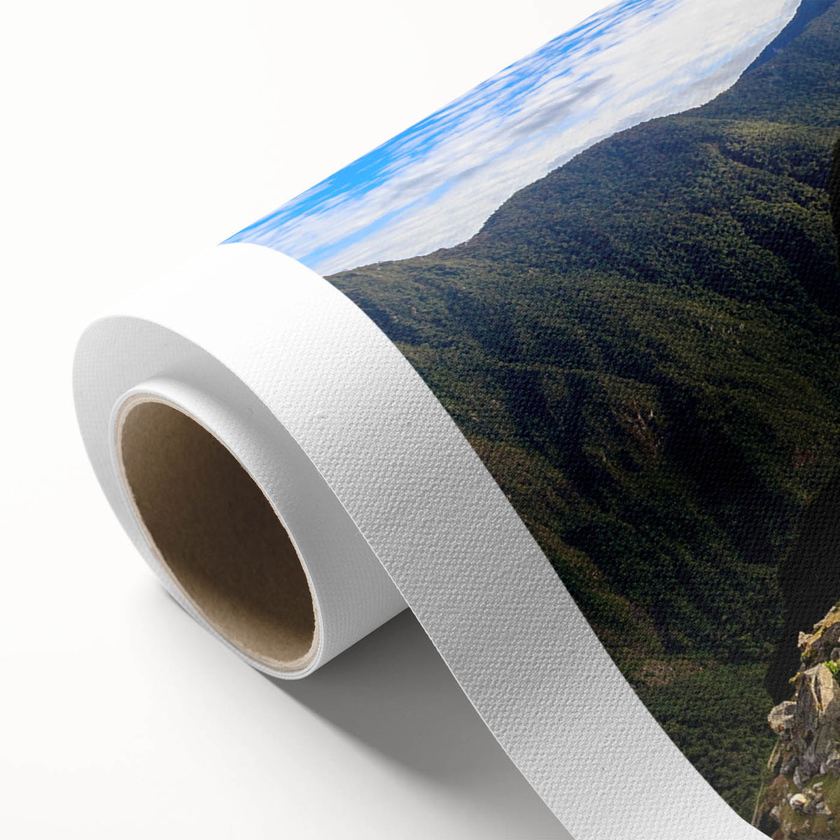 Art Deco poster of Machu Picchu in muted green and brown tones on rolled canvas, ideal for nursery wall art.