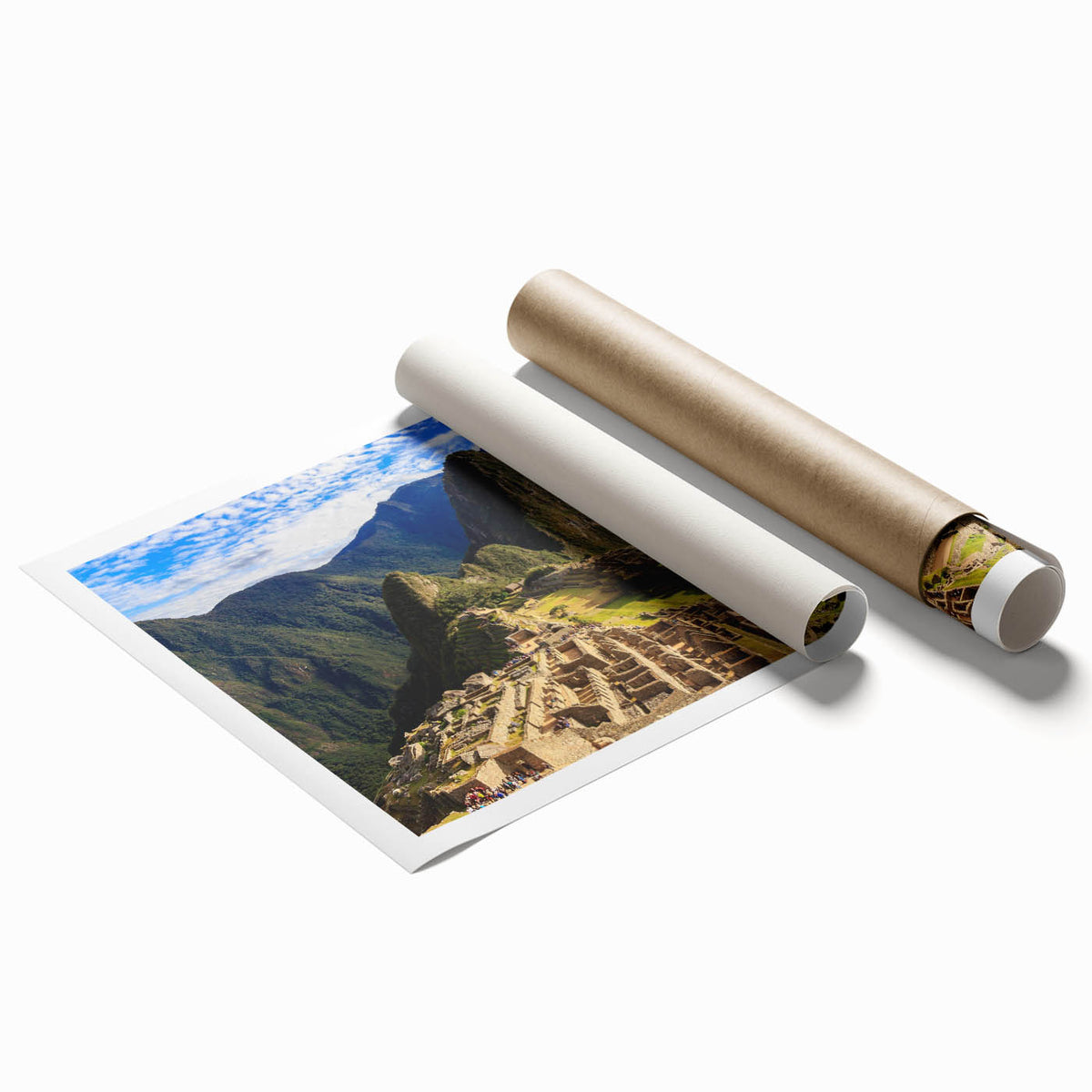 Rolled print of Machu Picchu with lush greenery and mountain backdrop, ideal for classy bathroom wall art.