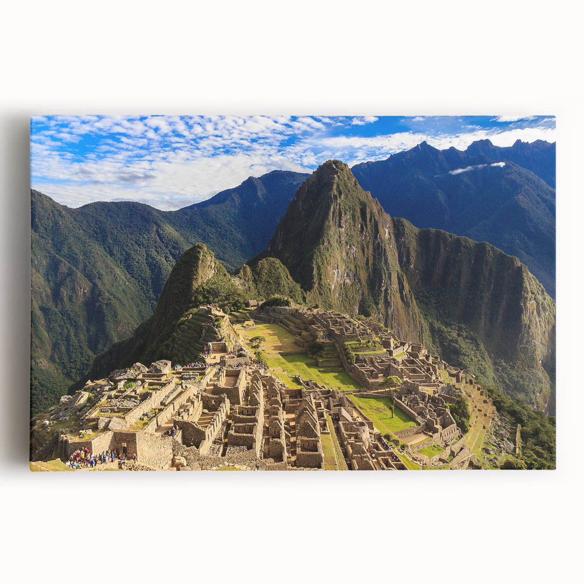 Black and white stretched canvas of Machu Picchu in a minimalist style, ideal for kitchen wall art.