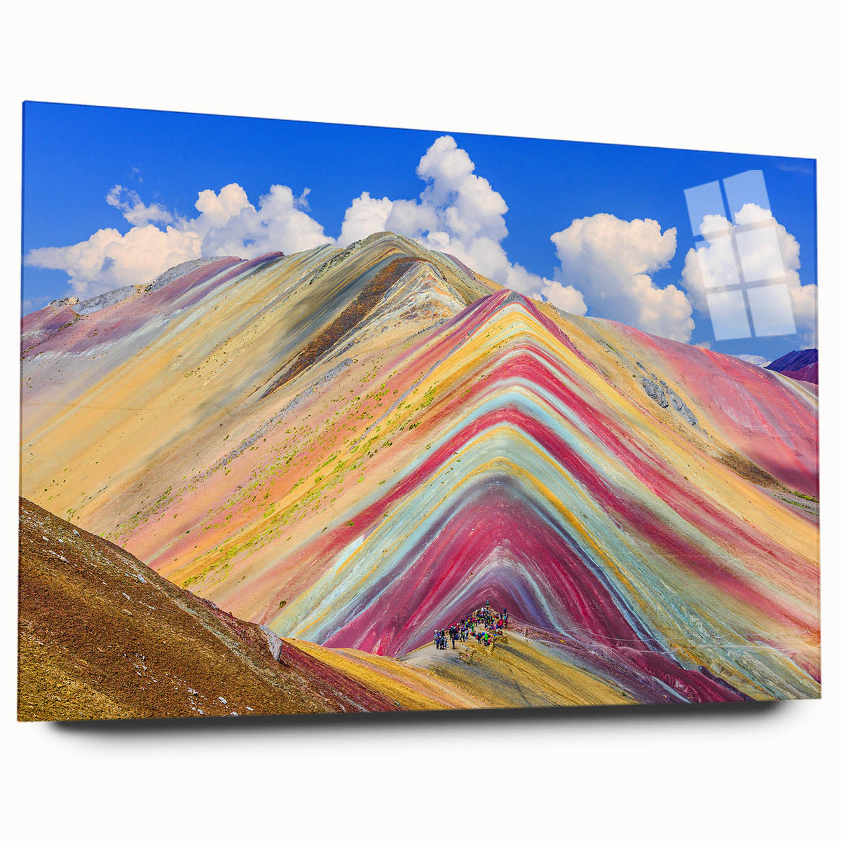 Large abstract depiction of a South American landscape in muted earth tones on acrylic glass.