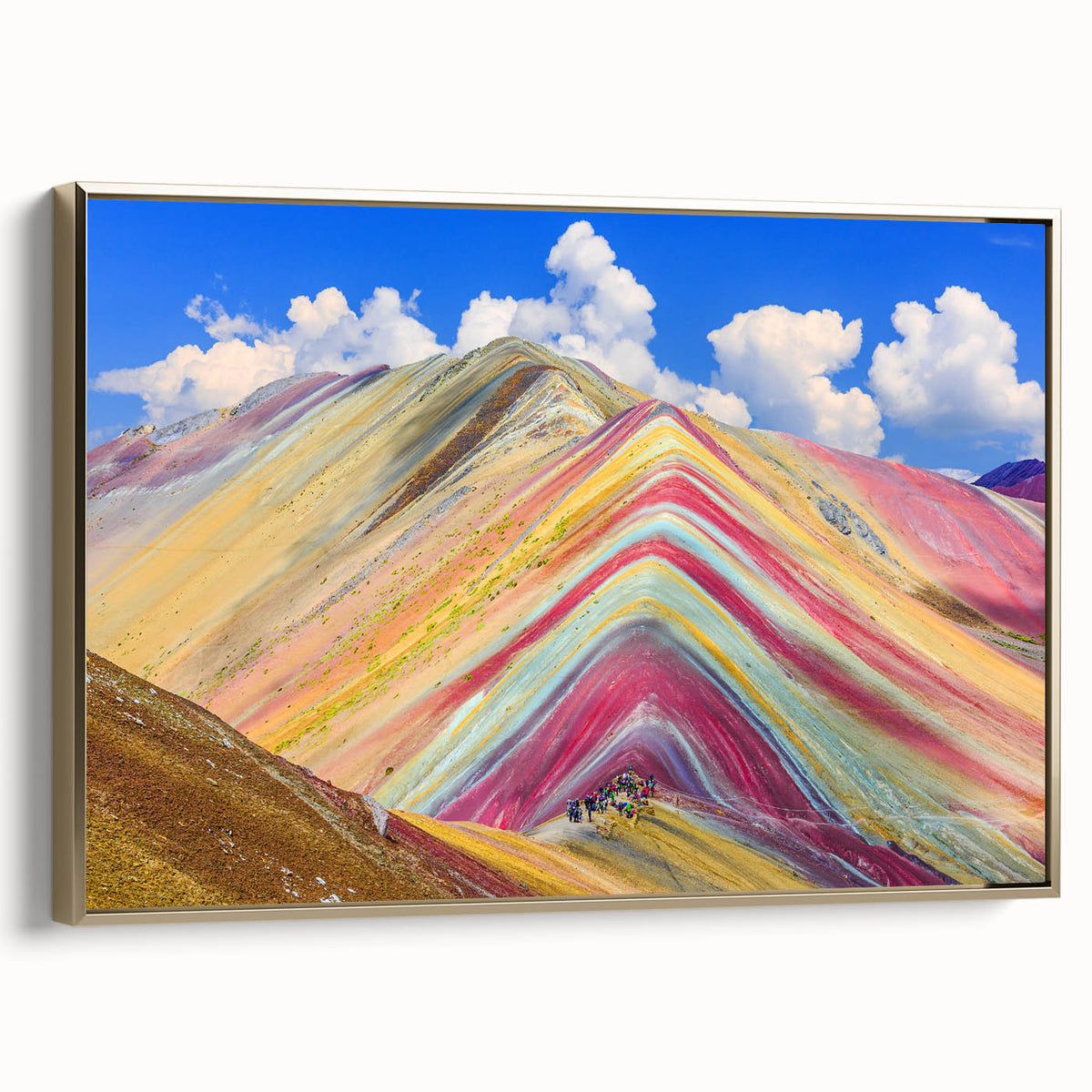 Framed canvas of a vintage-style Peruvian landscape in muted gold and black tones, ideal for bedroom wall art.