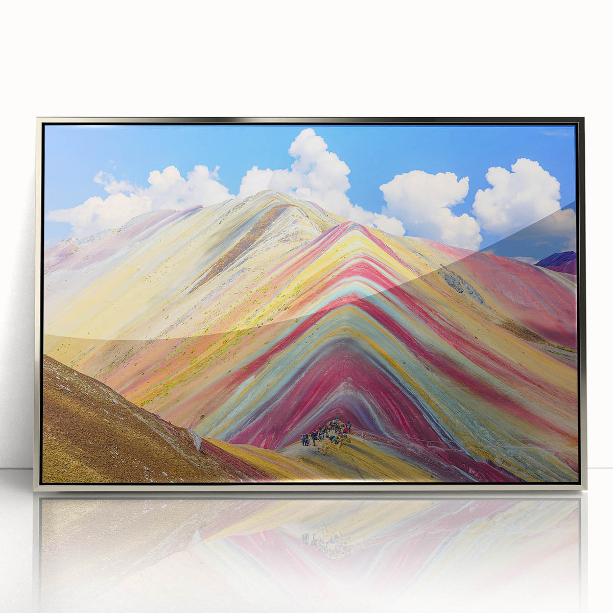 Mid-century modernist art depicting a serene Peruvian landscape in soft earth tones, framed acrylic.