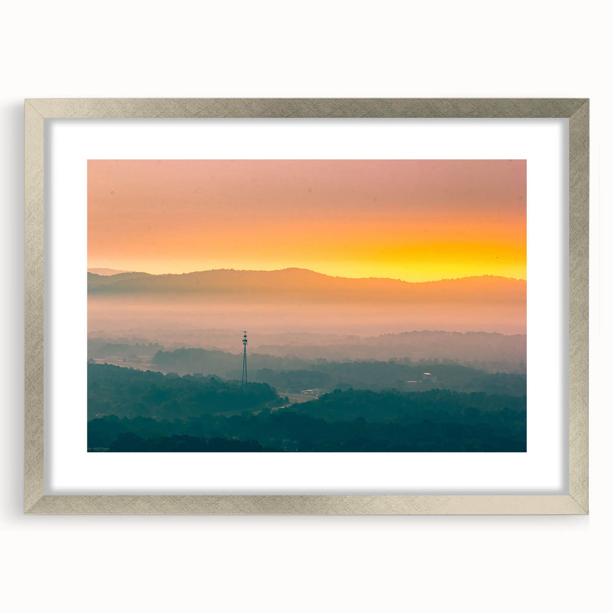 Textured abstract art print of Arkansas scenery in muted earth tones, framed in silver, ideal for bedroom art.