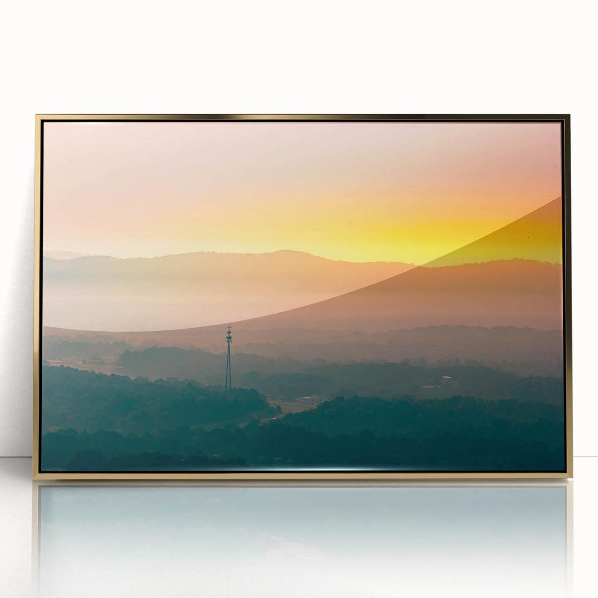 Mid-century modernist style landscape of Arkansas on a framed acrylic print, featuring earthy and gold tones.