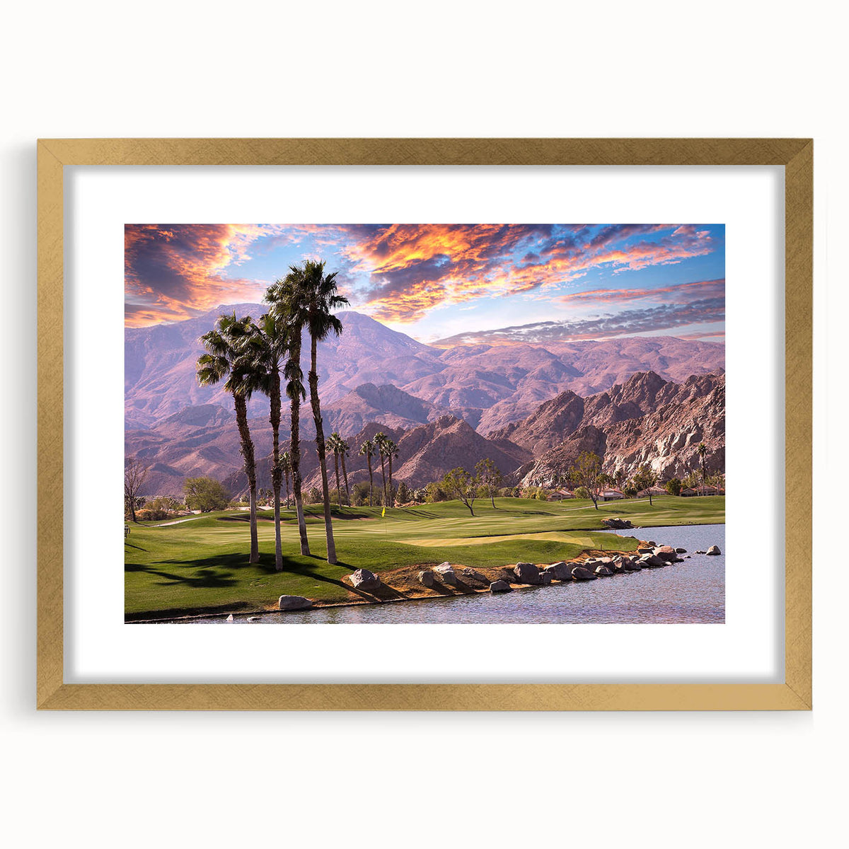 Extra large abstract art print featuring textured palm trees in gold and beige tones, framed with a mat.