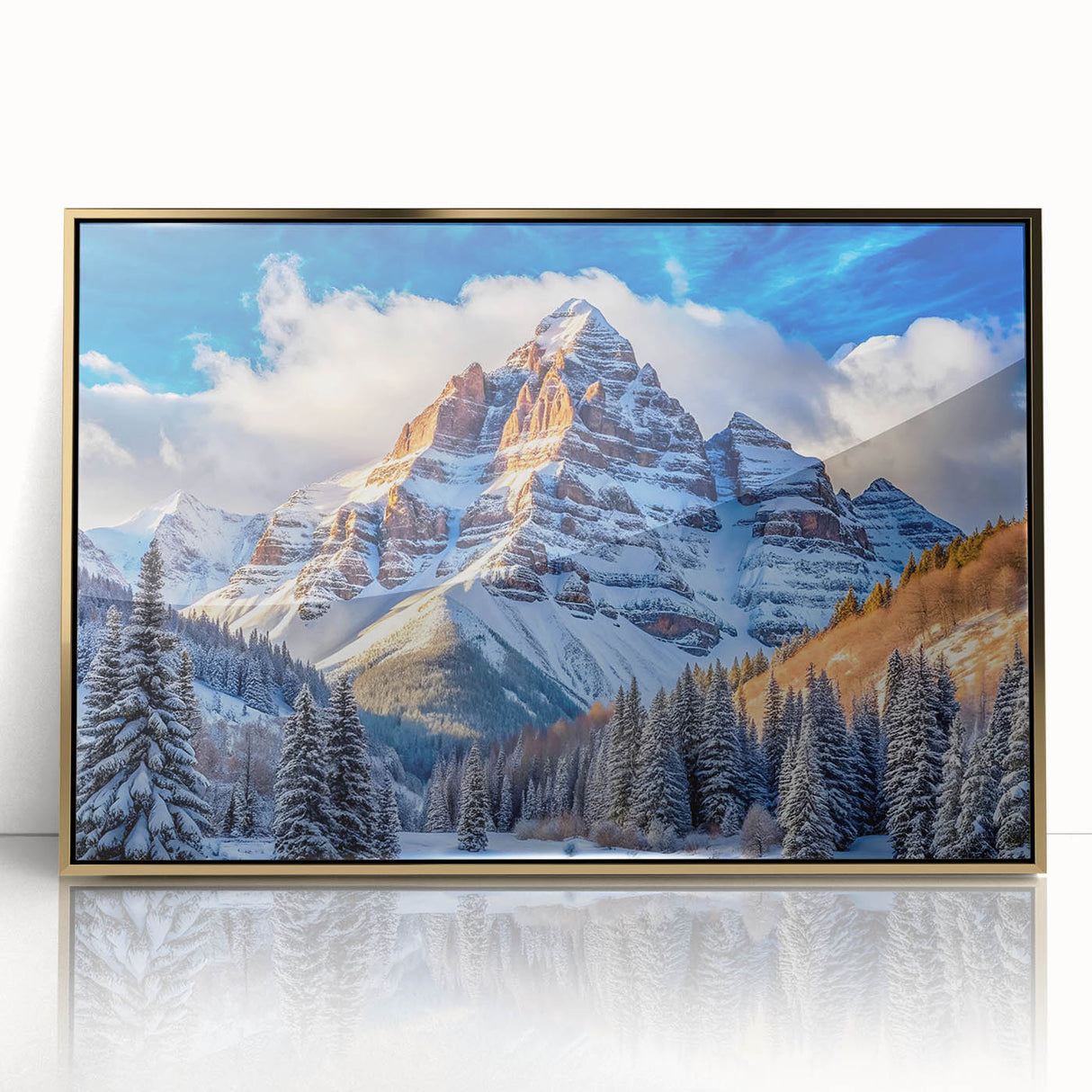 Framed acrylic print of Maroon Bells, Colorado in autumn with vibrant gold and orange foliage.