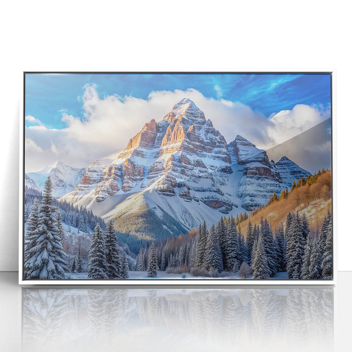 Acrylic print of Maroon Bells, Colorado, in muted autumn colors, framed in white, suitable for modern art wall decor.