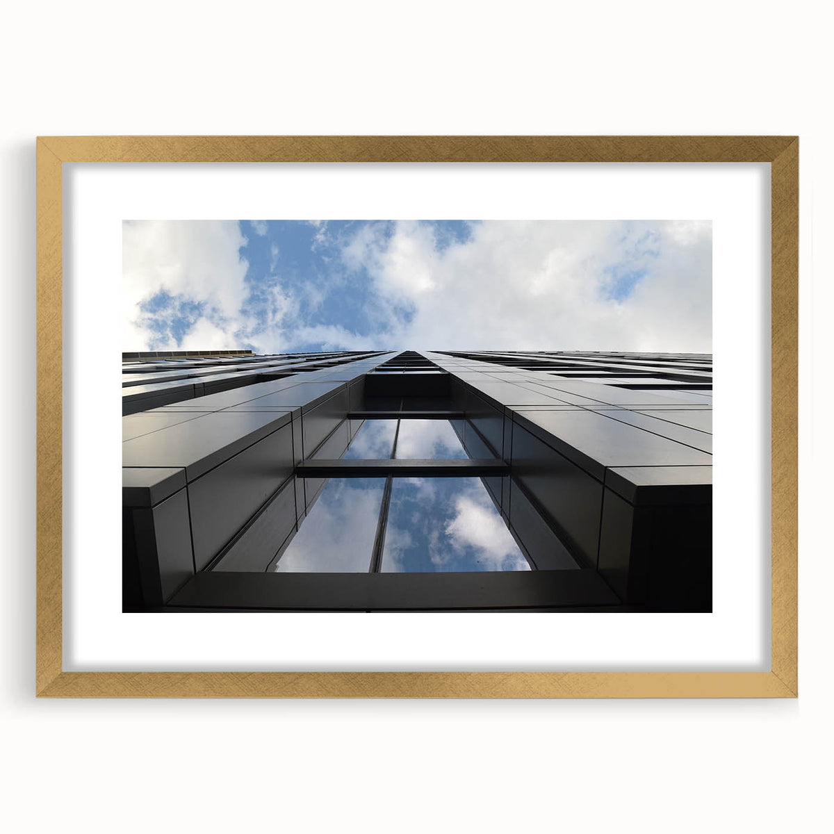 Extra large abstract art print of Chicago skyline in textured gold frame, ideal for living room decor.