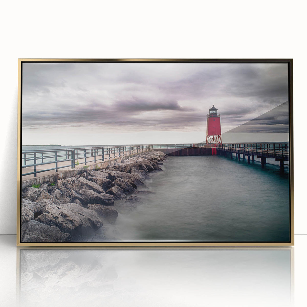 Framed acrylic print of Lake Michigan with a gold frame, featuring mid-century modernist style.