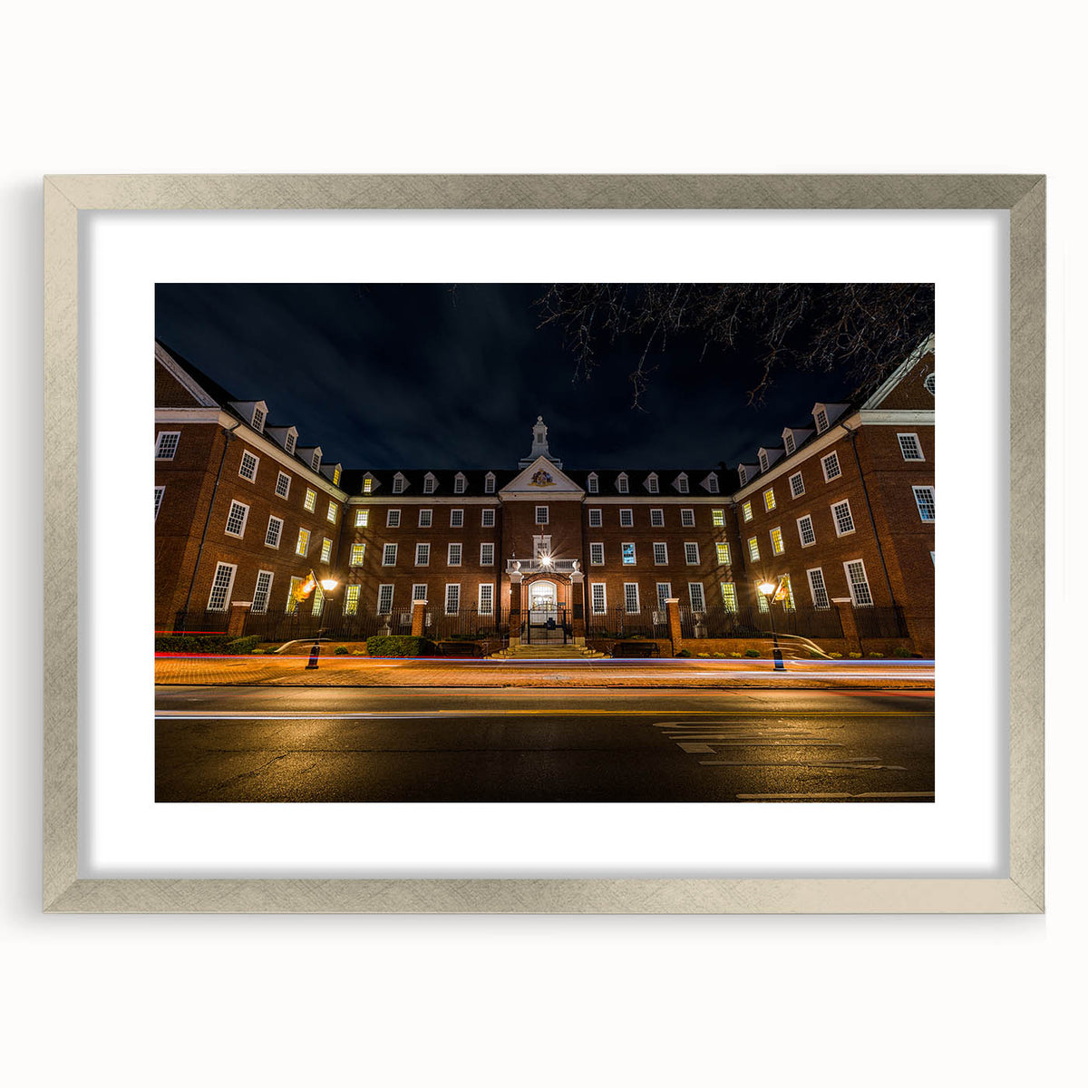 Textured art print of abstract Annapolis scenery in muted colors on a silver-framed mat, suitable for bedroom decor.