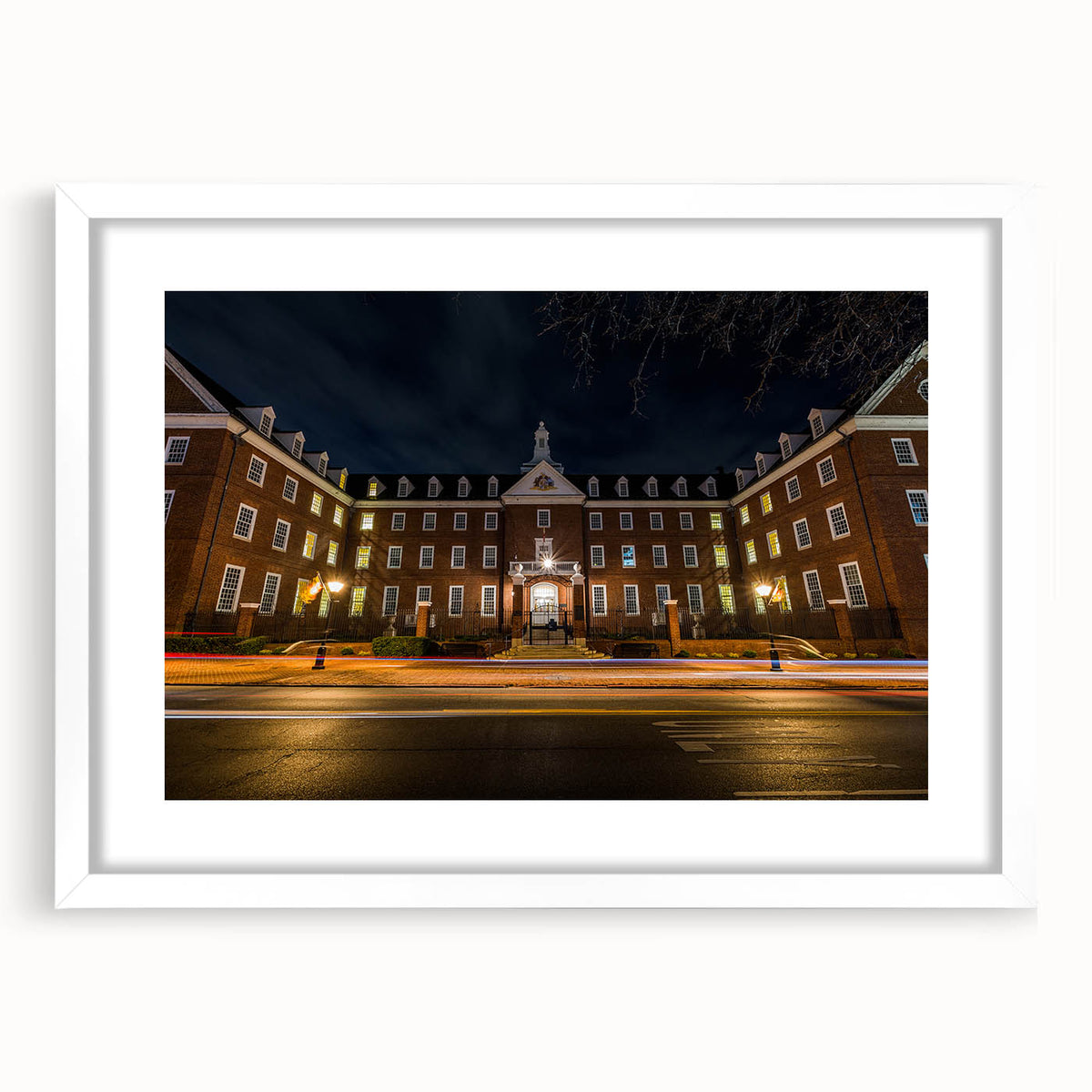 Abstract art print of Annapolis scenery in muted blue and green tones, framed with a white mat.