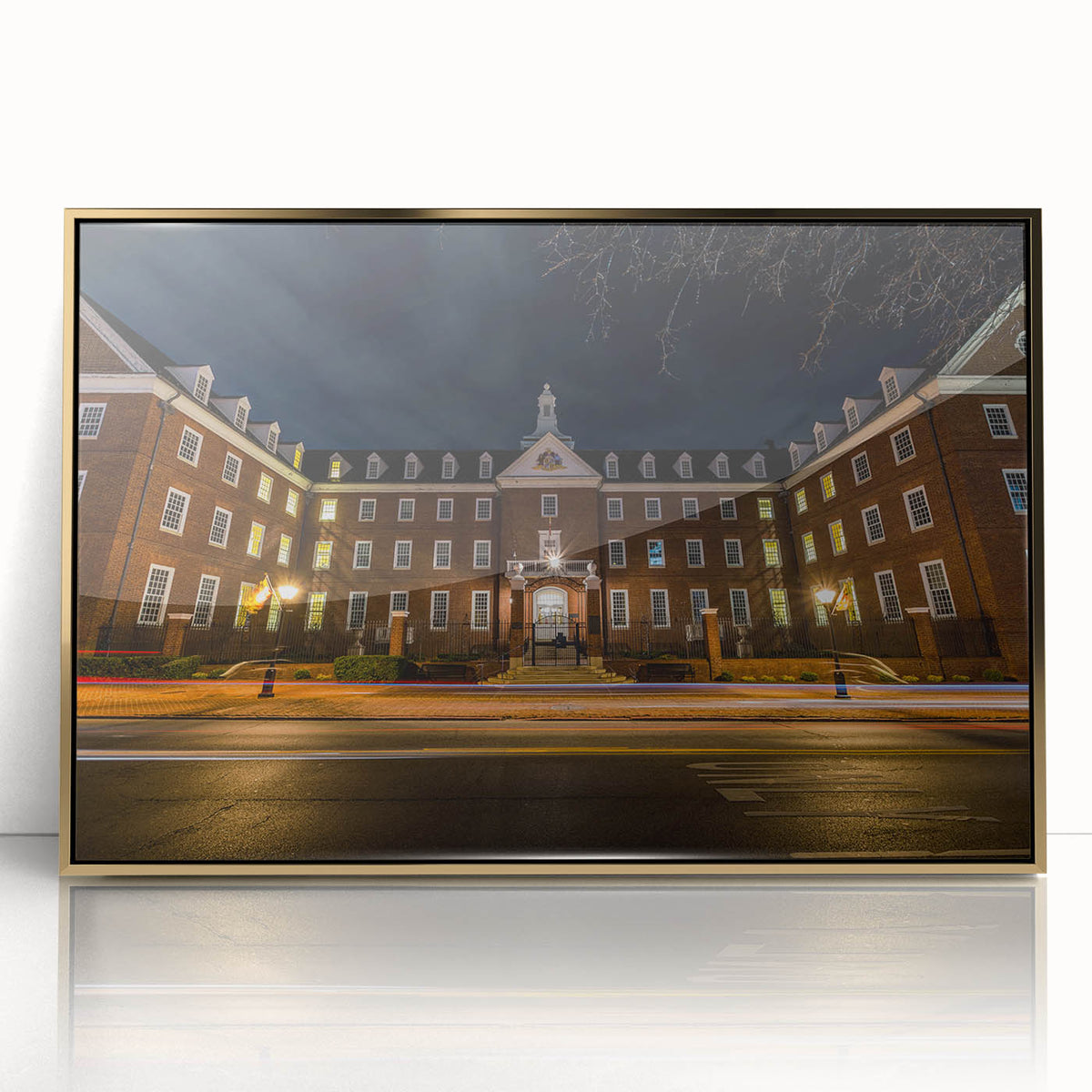 Framed acrylic print of Annapolis skyline in muted gold and blue shades, mid-century modernist style.