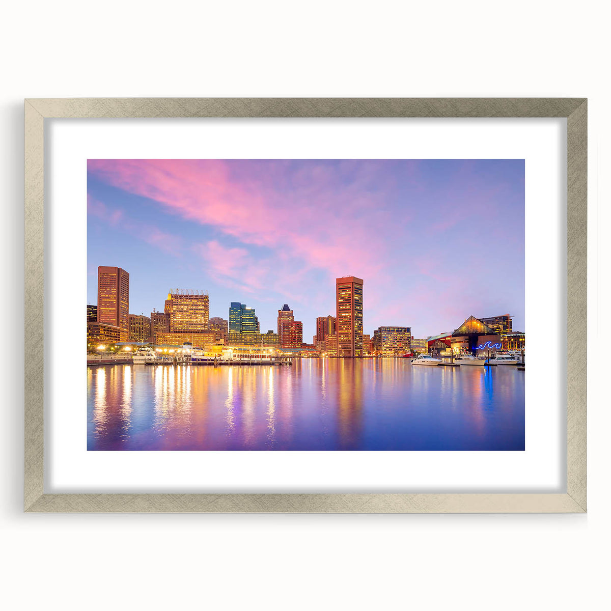 Textured abstract art print of Baltimore skyline in muted blue and gray tones on a framed canvas, suitable for bedroom decor.