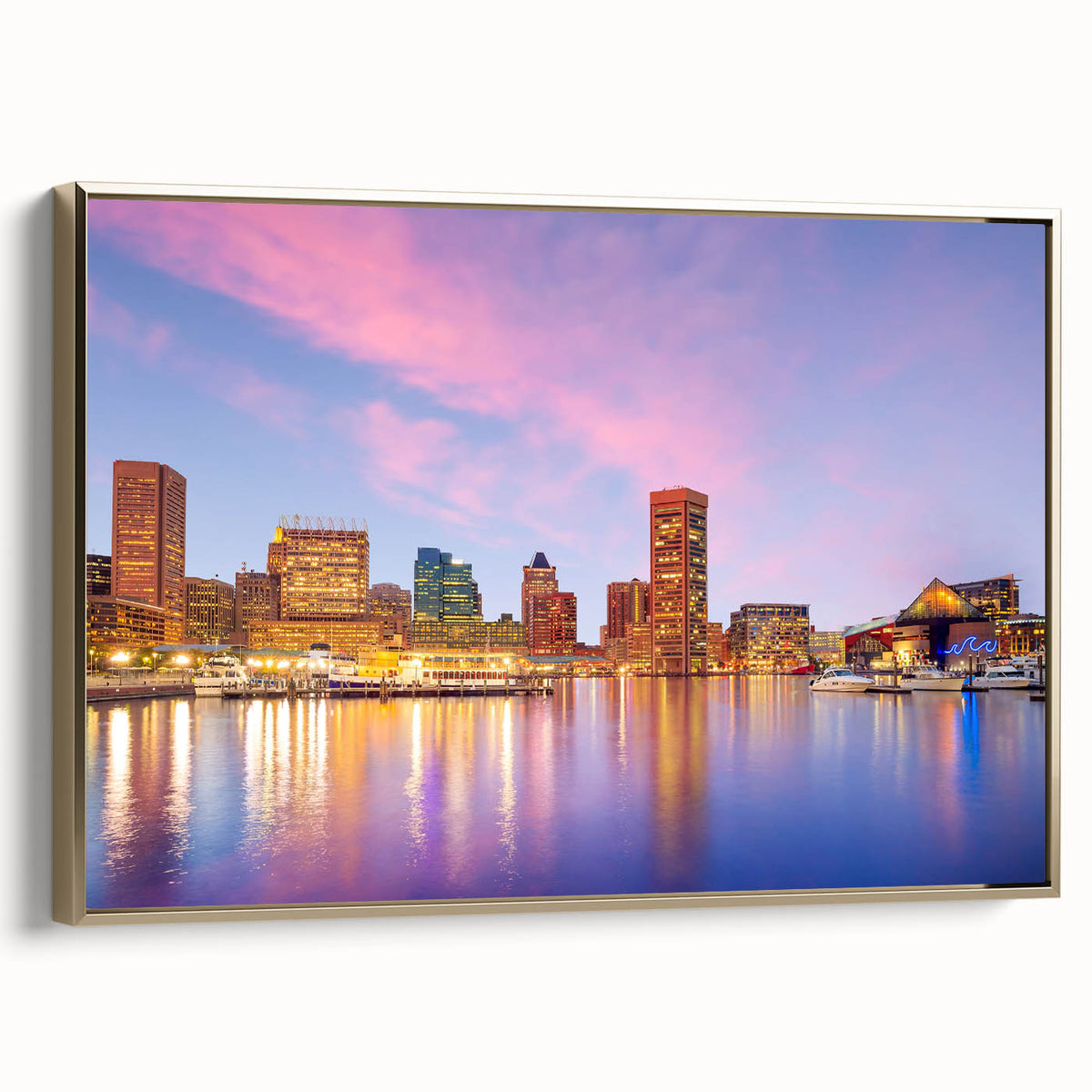 Framed canvas of Baltimore landscape in vintage poster style with black and gold tones, suitable for bedroom decor.