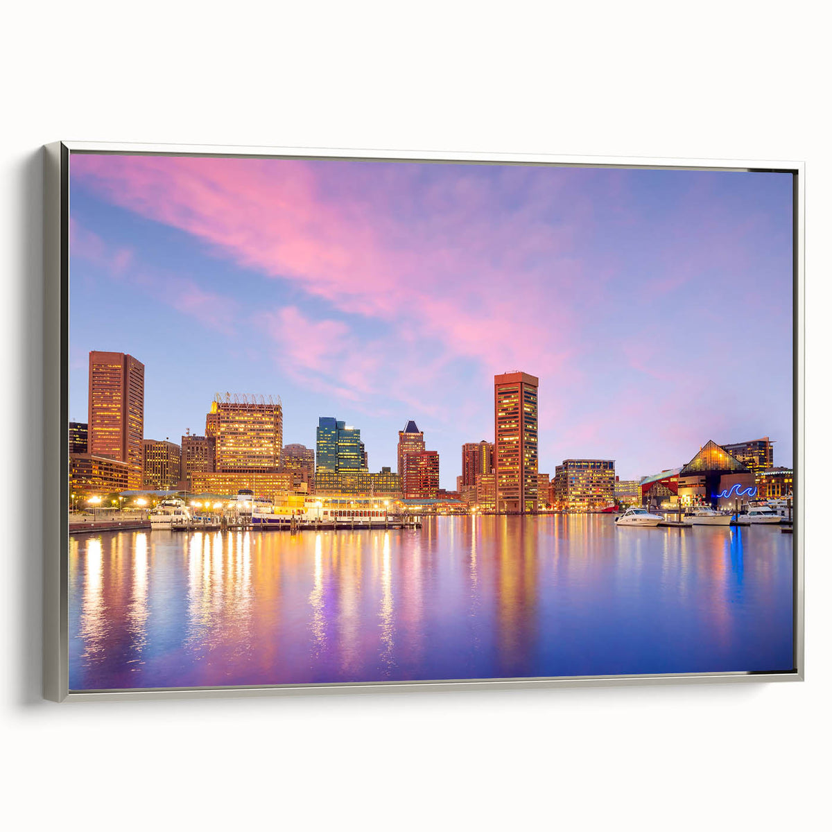 Framed canvas of Baltimore landscape art painting with a silver frame, featuring muted gray and colorful accents.