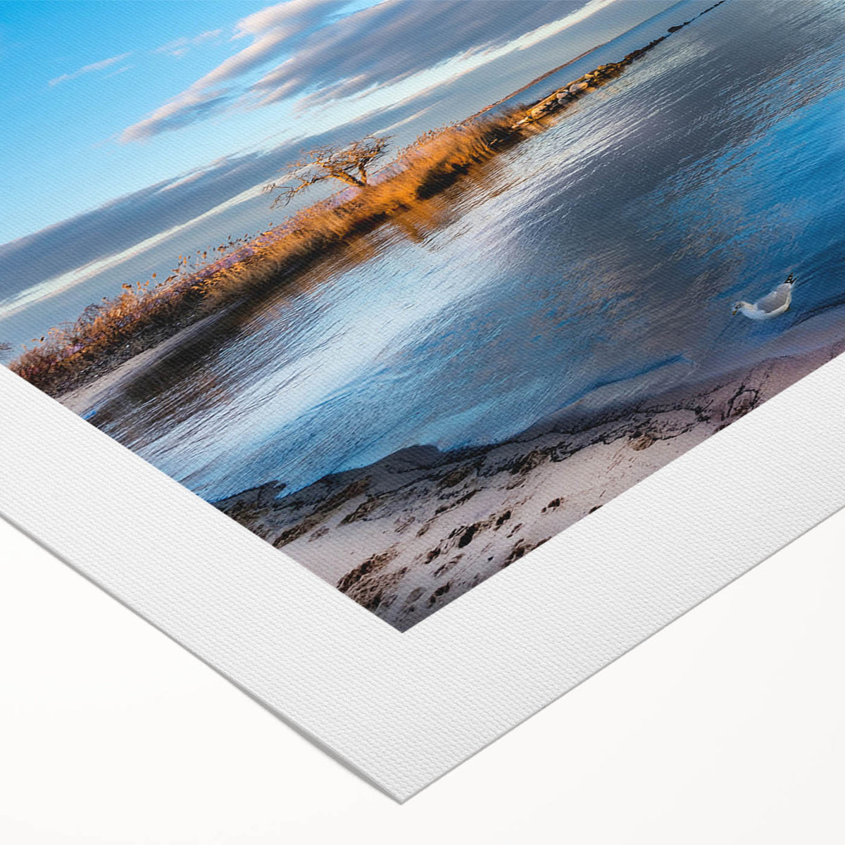 Art deco poster of Chesapeake Bay with muted blues and grays on rolled canvas, suitable for dining room decor.