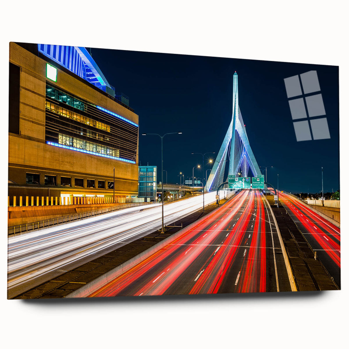 Acrylic print of a large abstract depiction of Boston skyline in blue and gray tones, ideal for bedroom or dining room art.