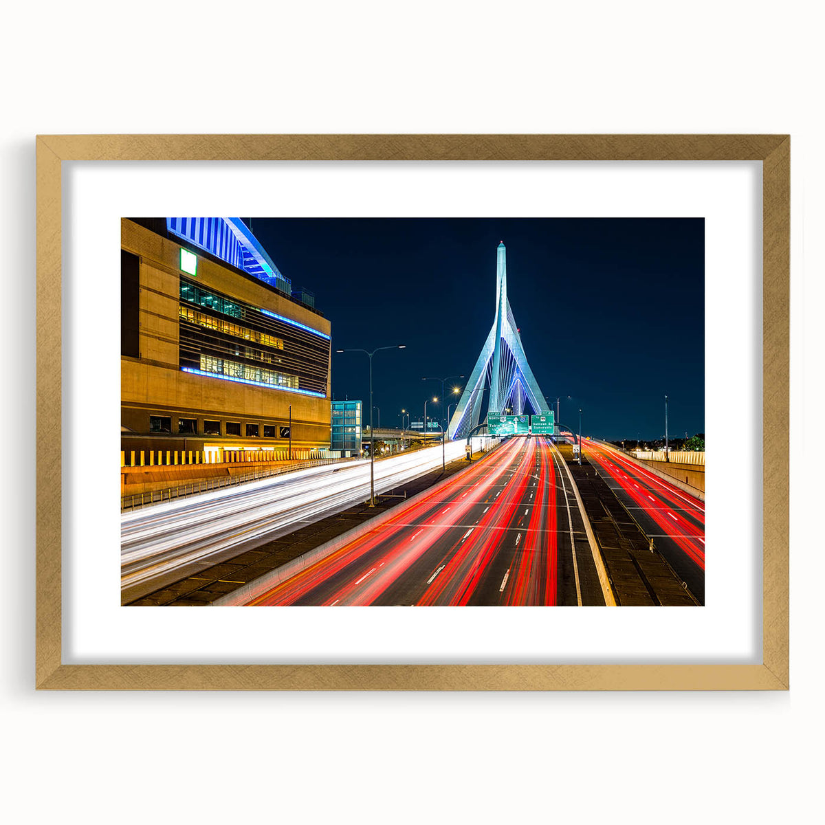 Extra large abstract art print of Boston skyline in textured gold frame, ideal for living room decor.