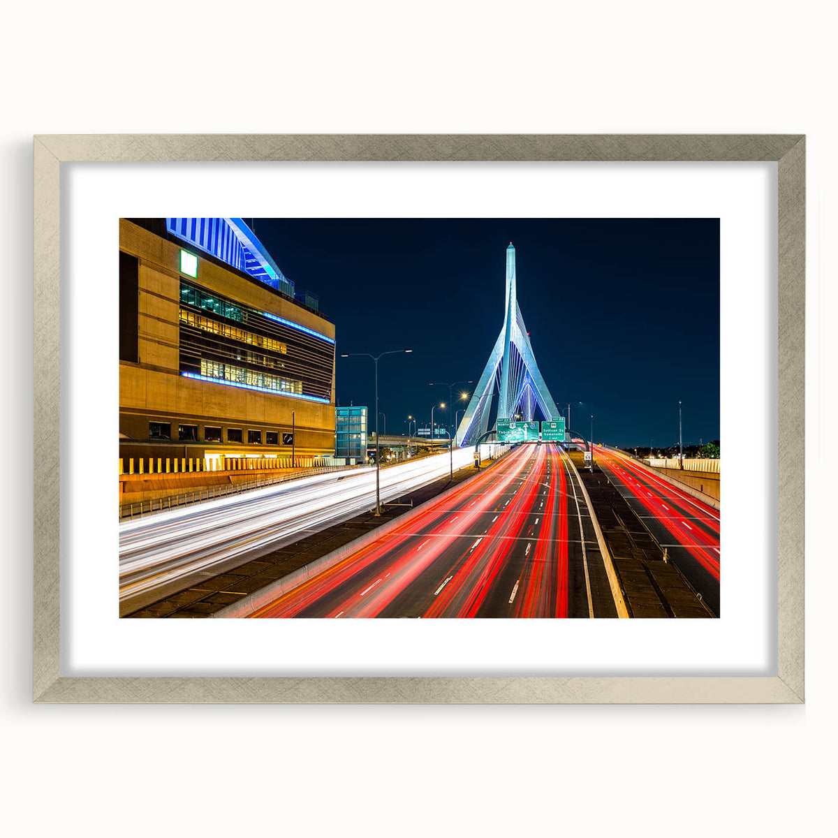 Textured abstract art print of Boston skyline in muted silver and gray tones on a framed canvas, suitable for bedroom art.