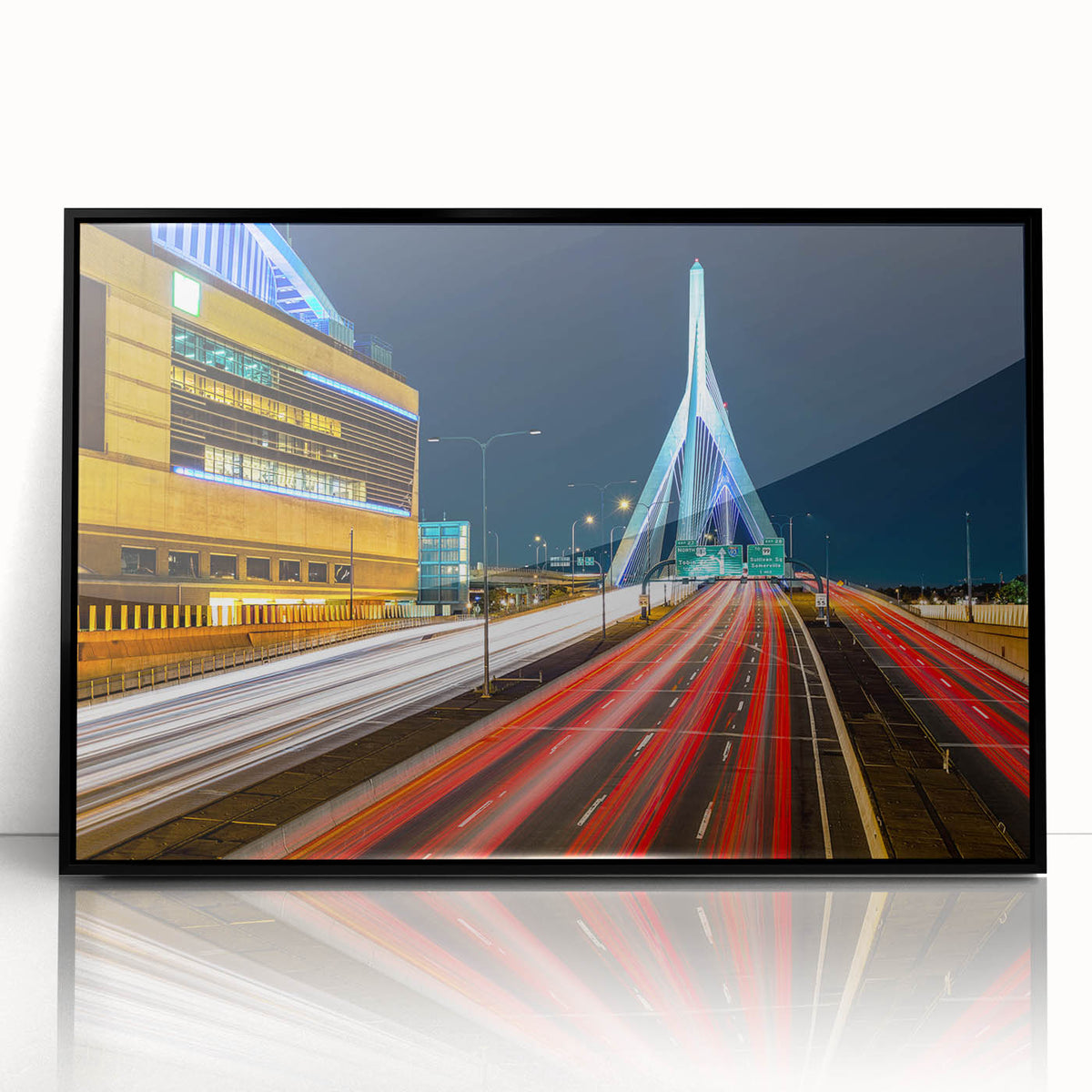 Large abstract wall art depicting Boston skyline in muted gray and blue tones on framed acrylic.