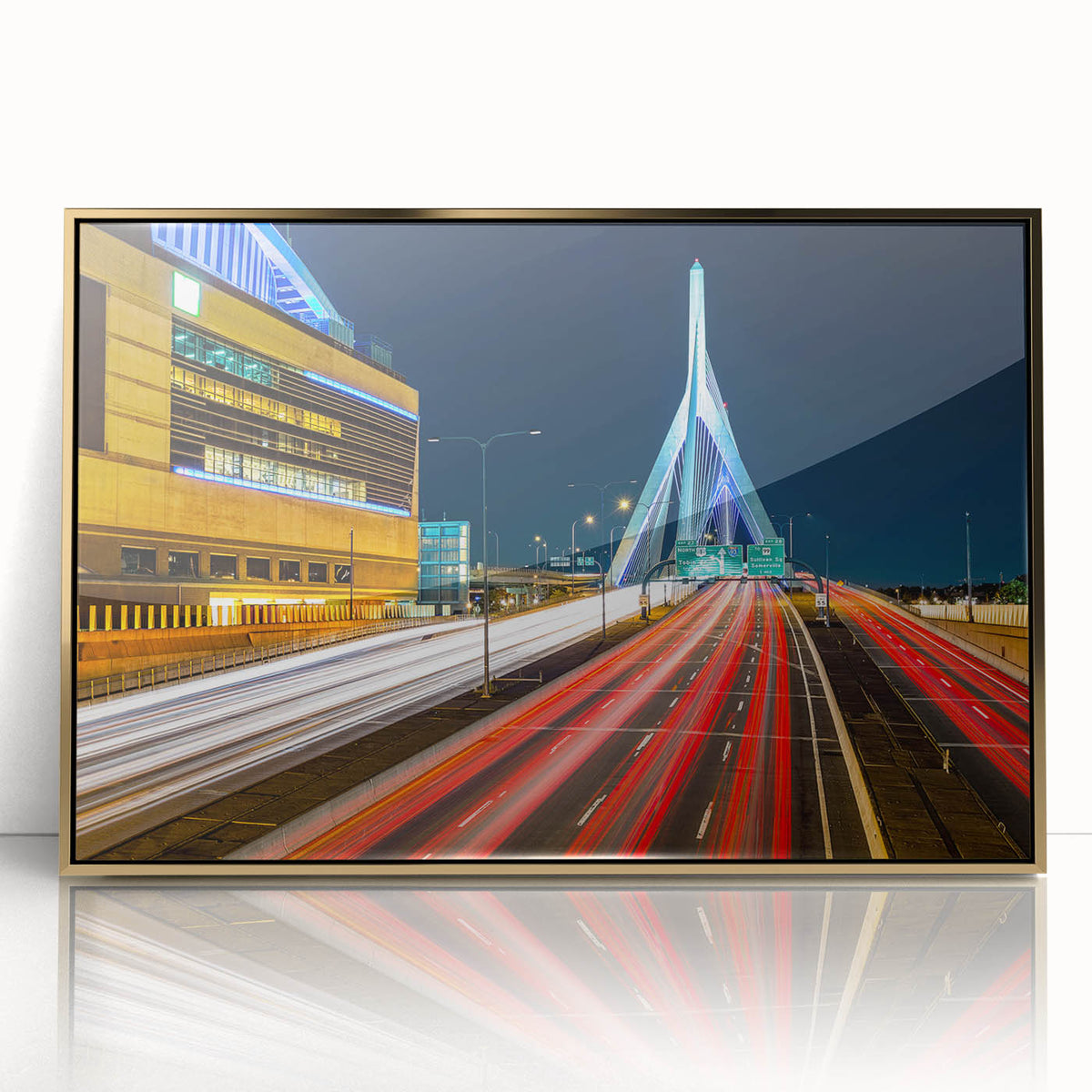 Acrylic print of Boston skyline in gold and blue tones, framed, mid-century modernist style, suitable for nursery wall art.