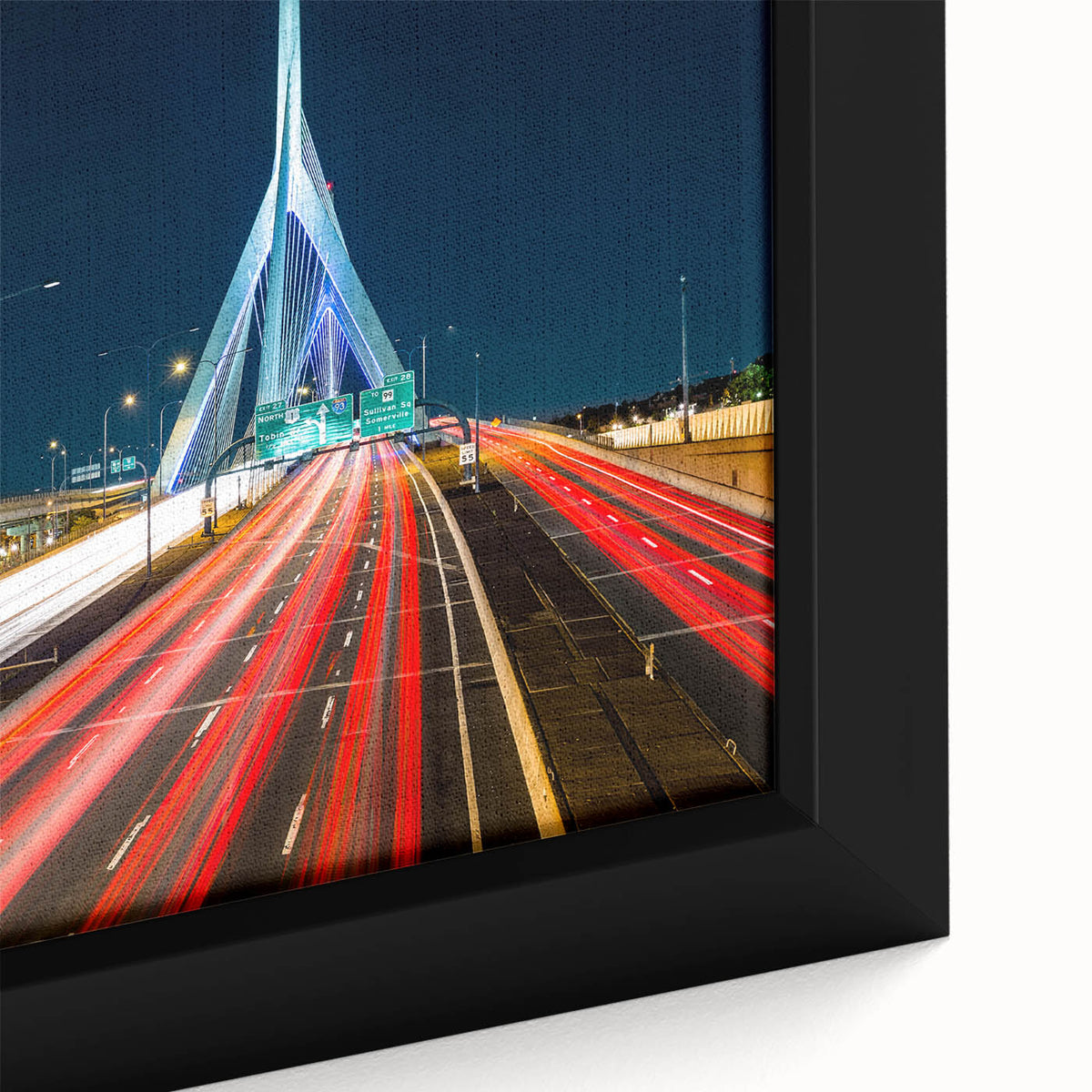 Framed canvas depicting a textured, colorful Boston skyline on a black background, ideal for living room decor.