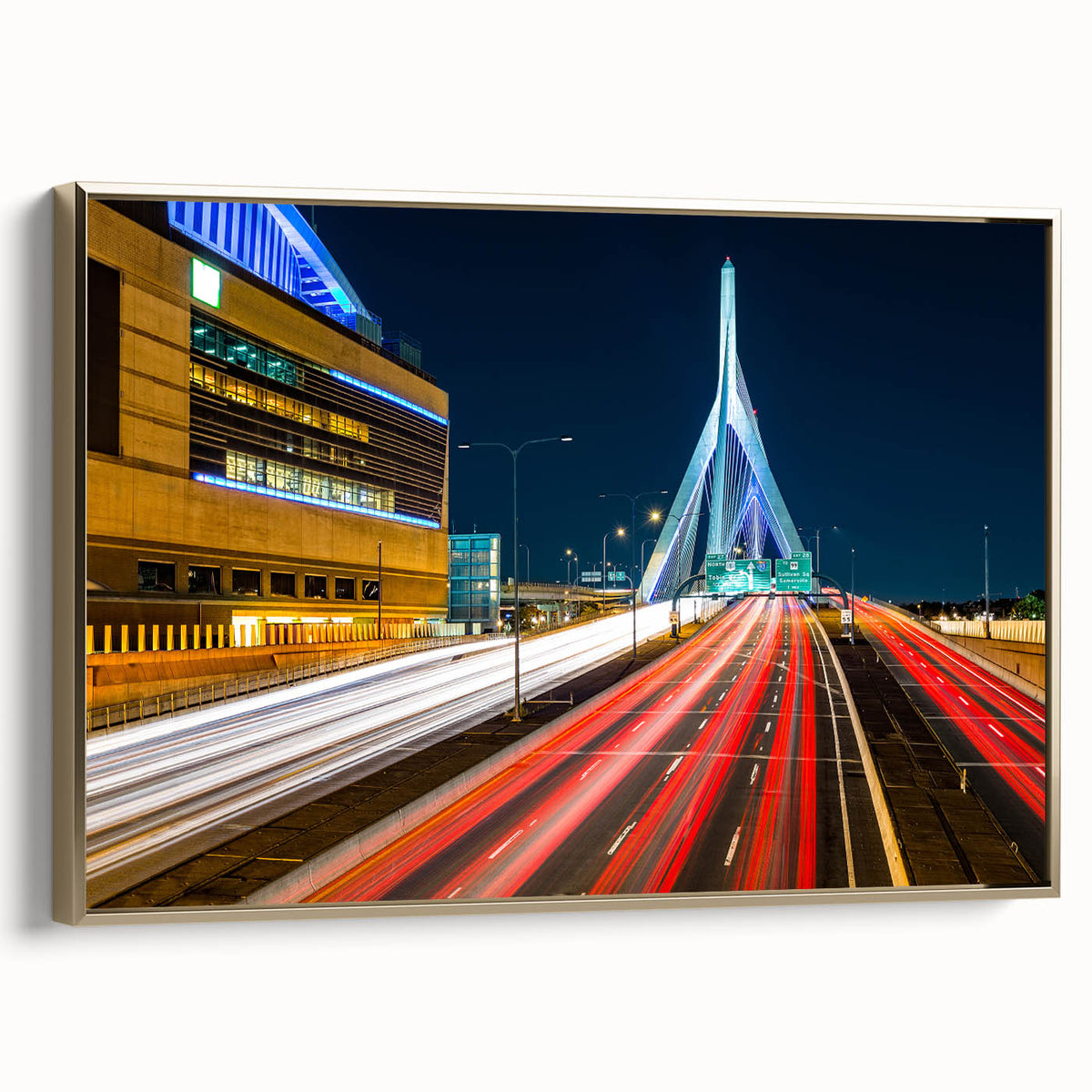 Framed canvas showing a vintage-style landscape painting of Boston in black and gold tones, ideal for bedroom wall art.