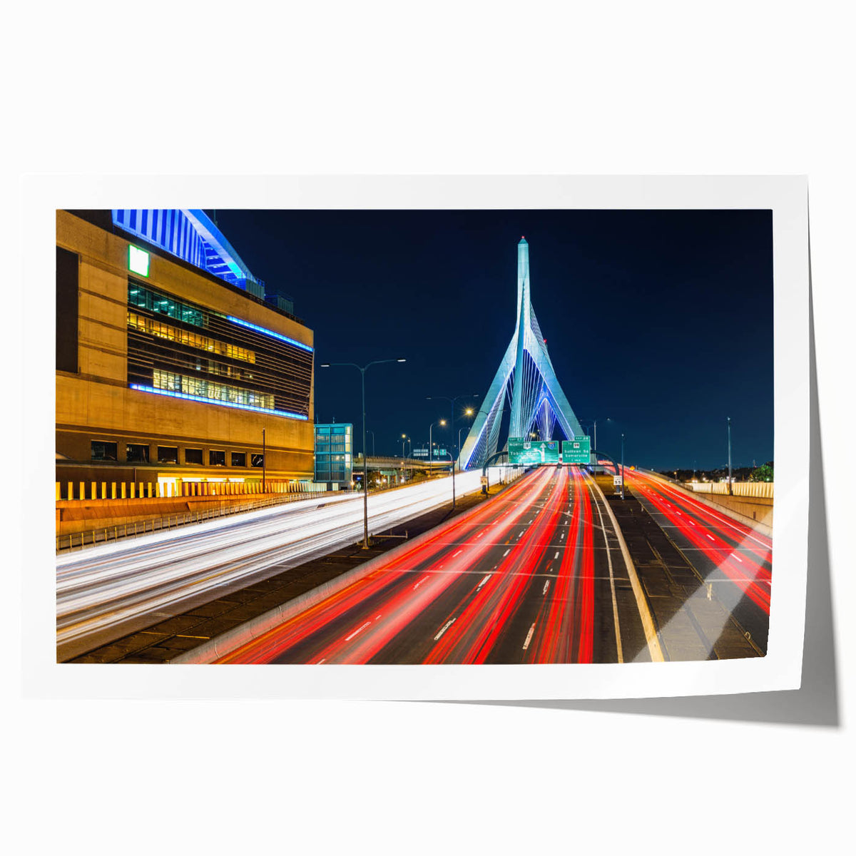 Extra large rolled print of Boston skyline in muted blue tones, ideal for dining room wall art.