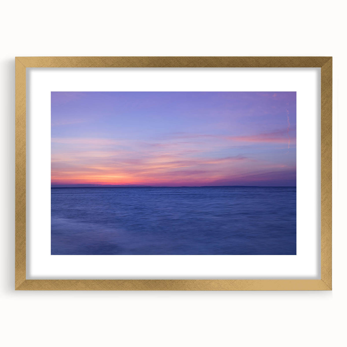 Abstract art print of Massachusetts Cape scenery in muted earth tones on a gold-framed canvas.